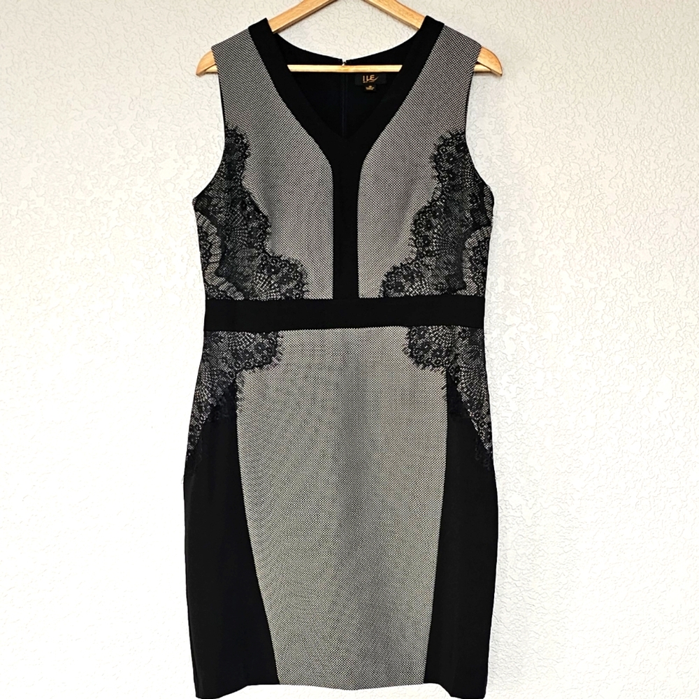 I Le New York Sheath Dress Sleeveless Black White Lace Back Zip sz 10